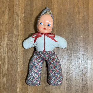 Vintage 1950's Samwel Baby Doll in Printed Hooded Sleeper w/Vinyl Front & Ribbon